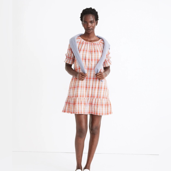 🍀Madewell Plaid Ruffle Sleeve Popover Mini Dress - Picture 1 of 10